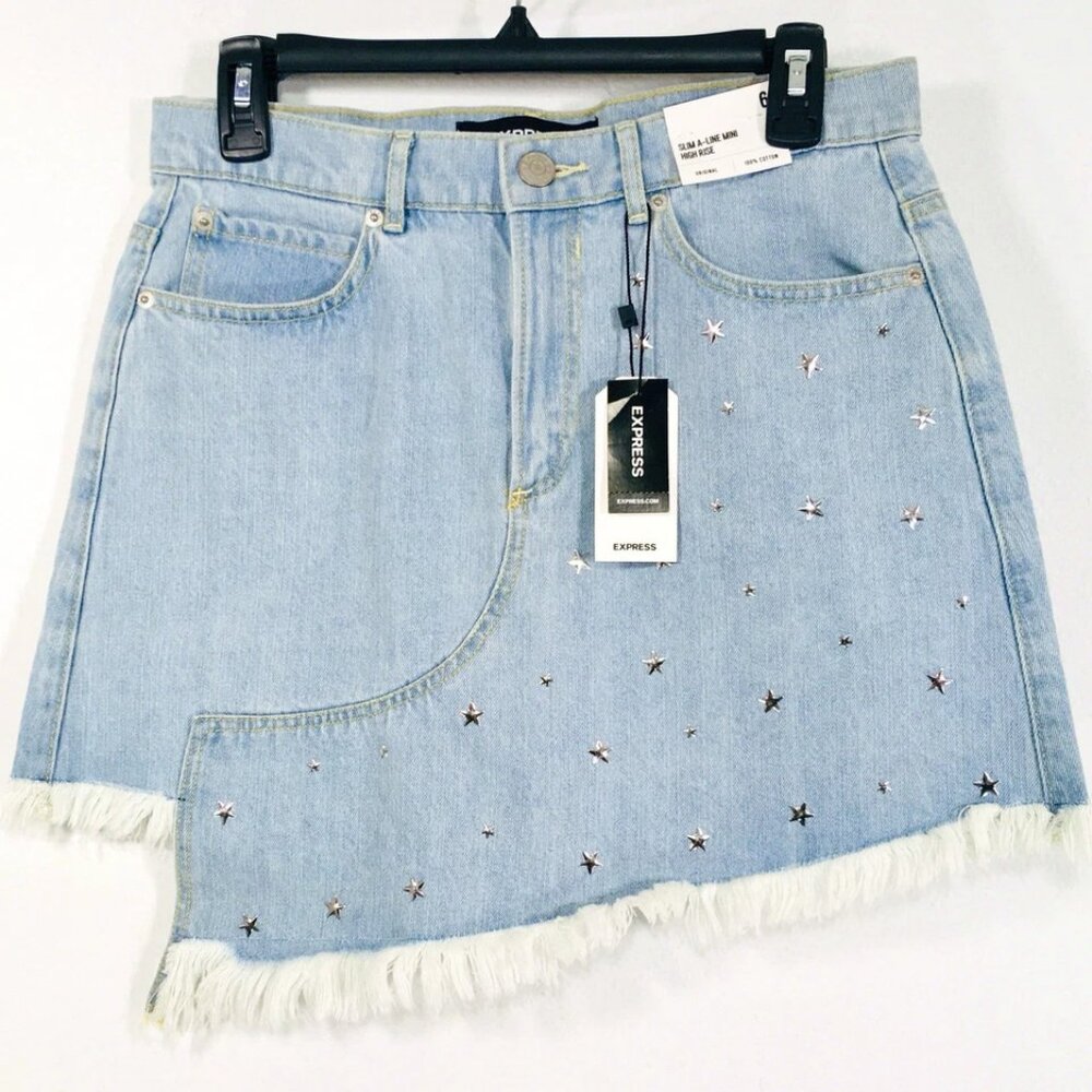 NWT Express Denim Mini Skirt Fringe Hem Sz 6 A Line Cotton Fairy Stars